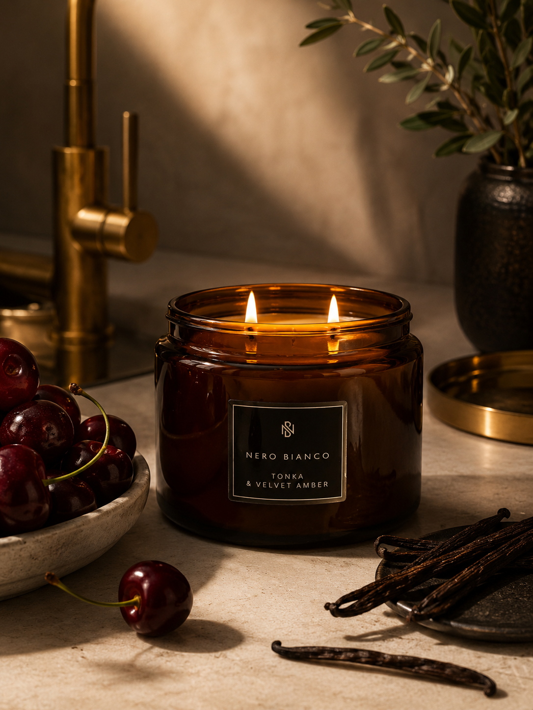 Amber candle with 'Nero Bianco' label on a table with cherries, vanilla beans, and a plant.