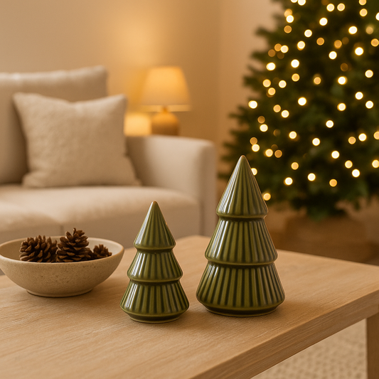 Two green ceramic Christmas trees on a wooden table with a decorated tree in the background.