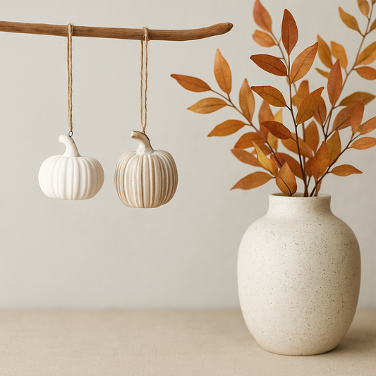 two hanging ceramic pumpkin decorations on a branch with autumnal foliage
