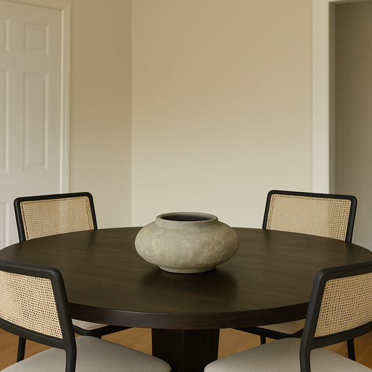 Dining table with a vase and chairs in a room with beige walls and a white door.