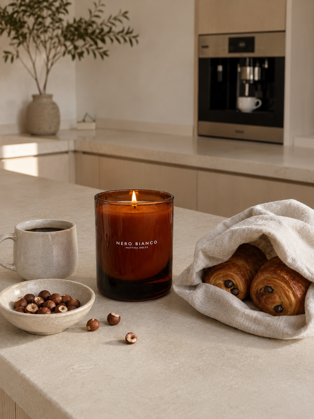 A lit amber glass scented candle with the brand name 'NERO BIANCO' on the front, styled on a beige countertop with a coffee mug, a bowl of hazelnuts, and pastries in a warm kitchen setting.