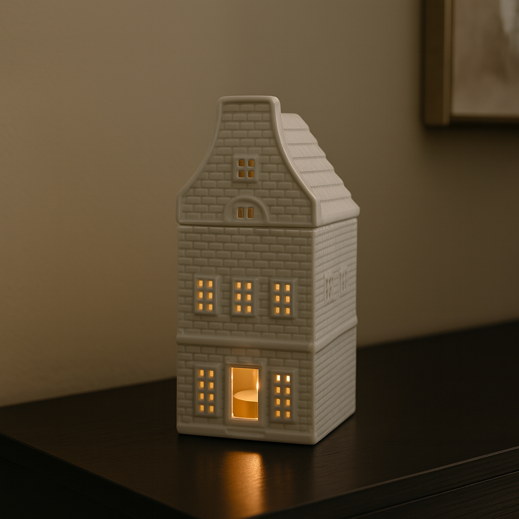 Ceramic house-shaped night light on a dark surface with a warm glow.