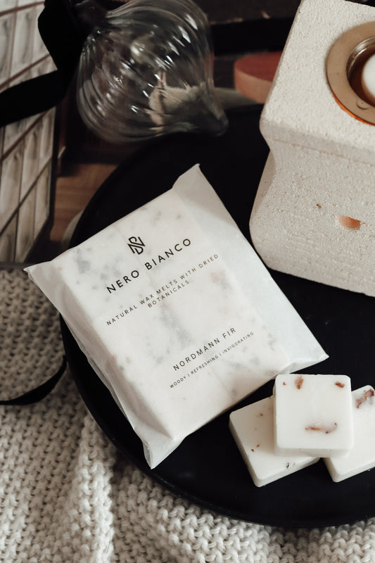 wax melts in a glassine pack with sandstone wax melt burner and glass bauble