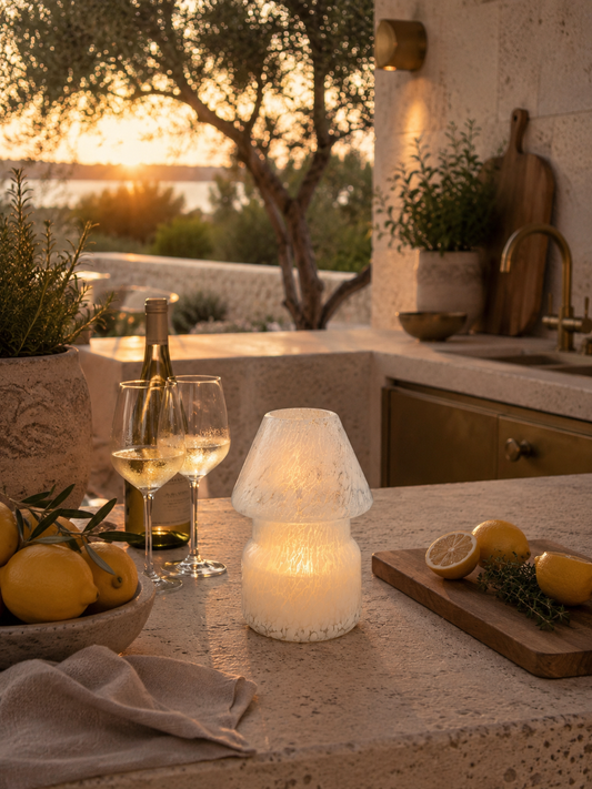 A glowing textured white table lamp sits on a stone countertop in a warm outdoor kitchen setting at sunset, surrounded by lemons, wine glasses, and a bottle of white wine.