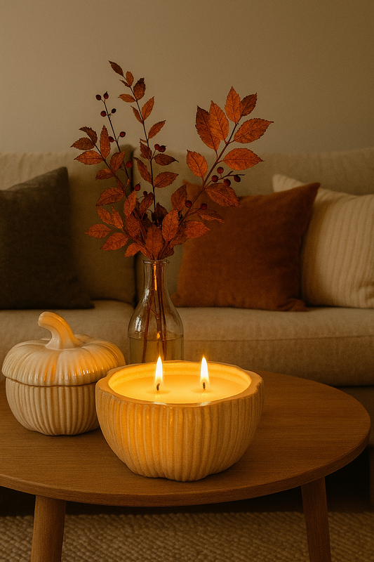 pumpkin ceramic Candle in a textured bowl with decorative leaves and pumpkins on a wooden table in a cozy living room.