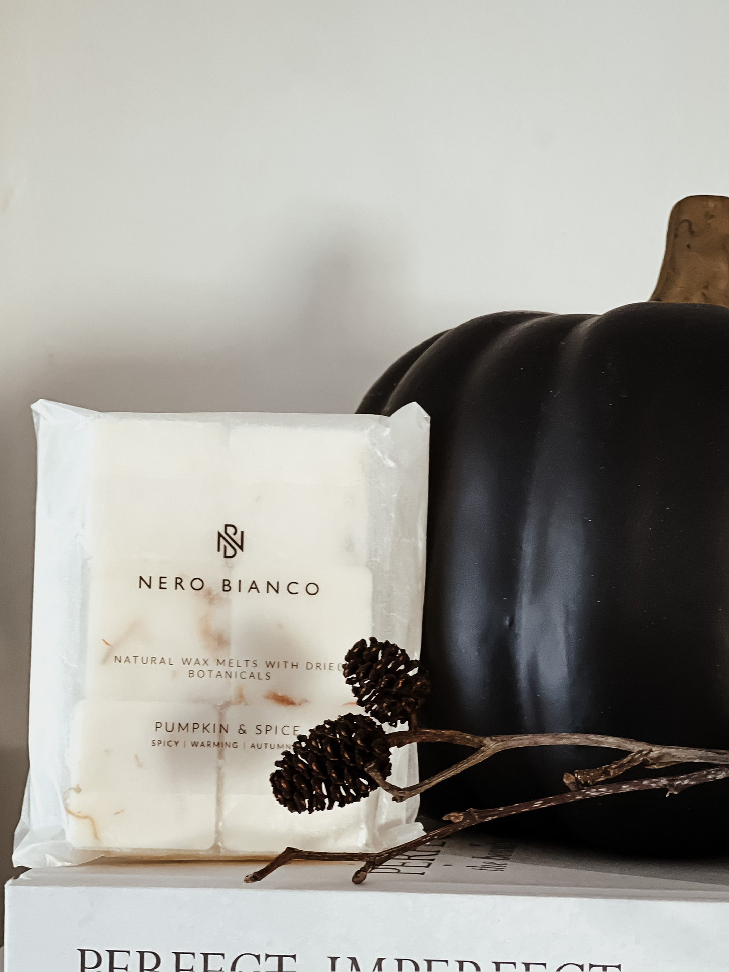 pumpkin and spice wax melts styled next to a black ceramic pumpkin
