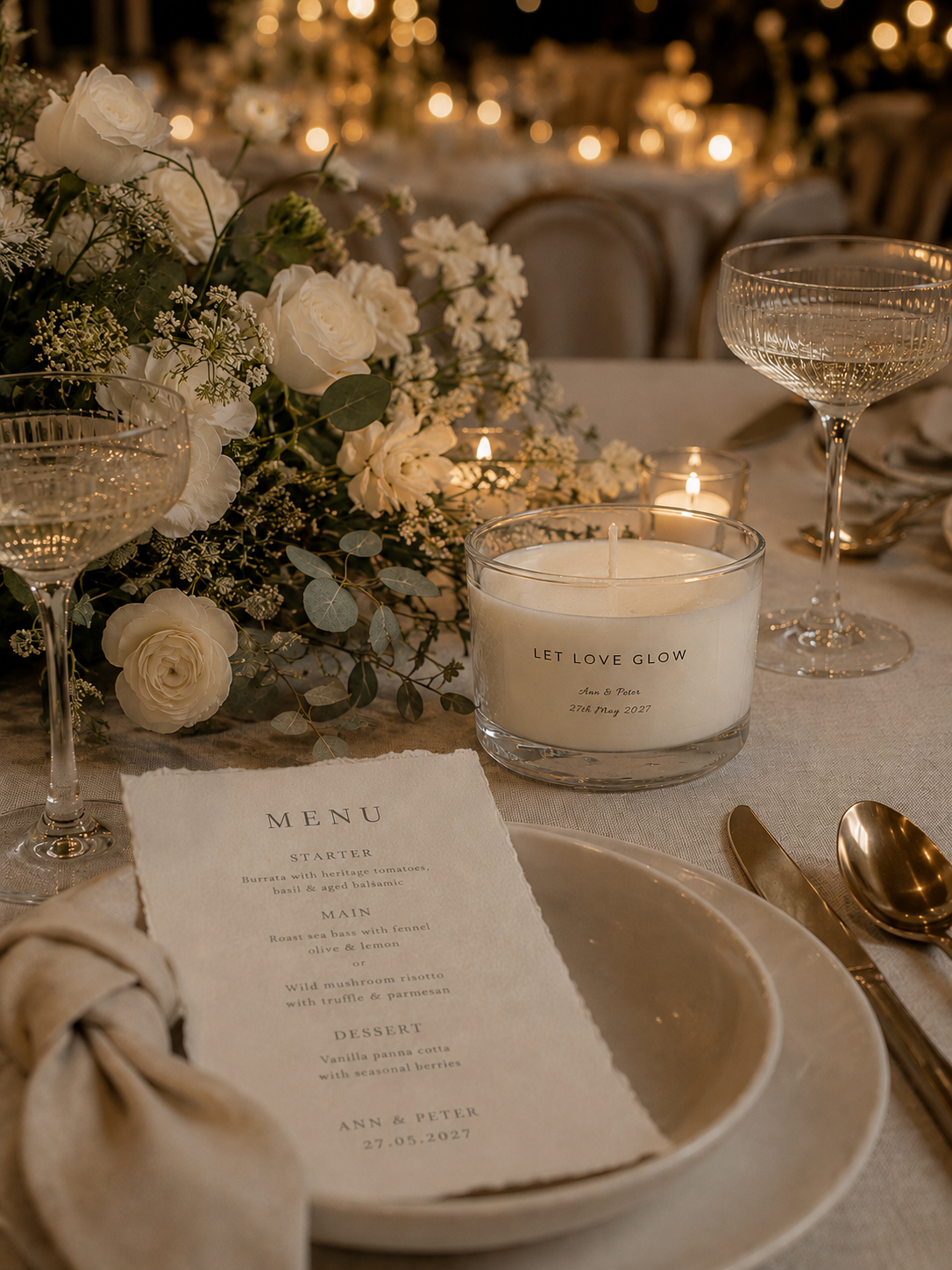 Elegant table setting with candles, flowers, and a menu on a softly lit background