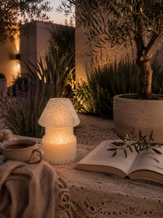 A glowing textured lamp with a mushroom-shaped shade and cylindrical base sits on a stone ledge outdoors at dusk, surrounded by an open book, a cup of tea, plants, and warm ambient lighting.