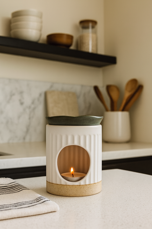 Ceramic white and olive wax melt burner with a lit candle on a kitchen counter