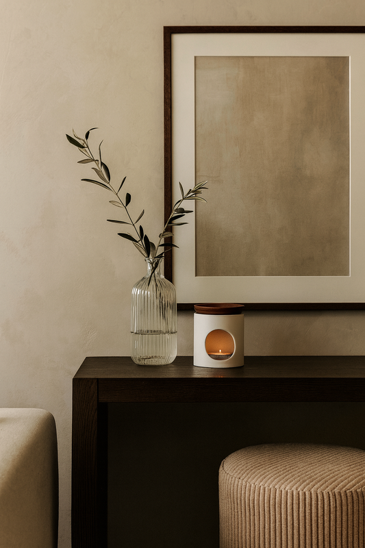 Decorative setup with a vase, wax melt burne, and framed artwork on a table against a beige wall.