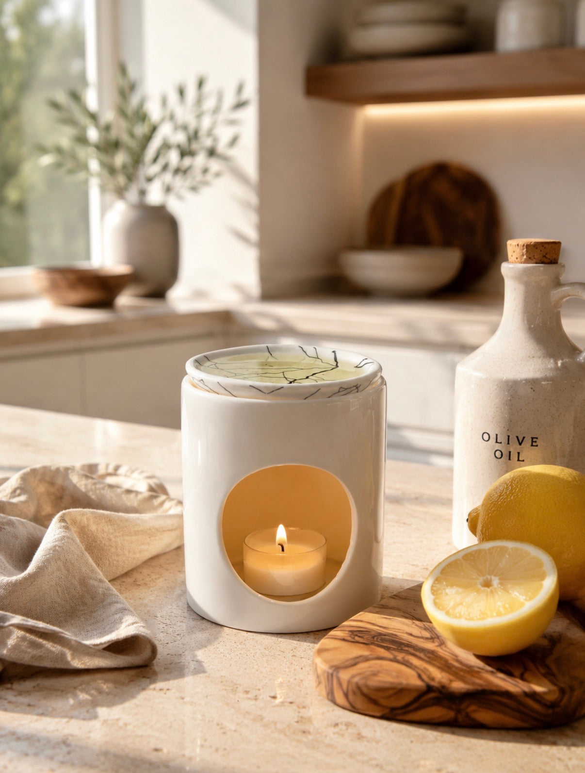 A white ceramic candle warmer with a circular cutout holding a lit tea light candle, styled on a kitchen counter with a bottle of olive oil, lemons, and a cloth napkin in a warm, sunlit interior.